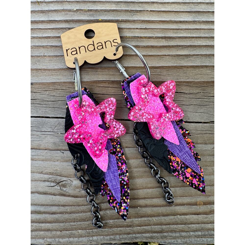 Randans Pink Glitter Star Statement Earrings Boho Western Cowgirl Fringe Dangle - Picture 2 of 5
